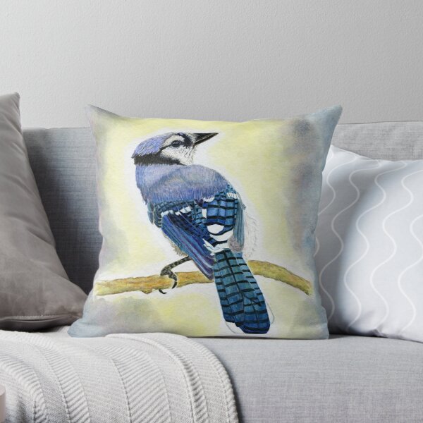 Bluejay Watercolor Painting Throw Pillow