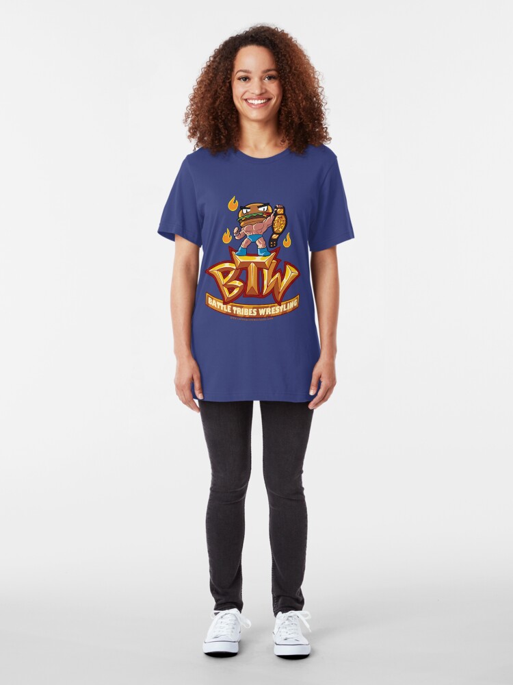Alternate view of BTW - Battle Tribes Wrestling Logo featuring Jimmy Cheeseburger Slim Fit T-Shirt