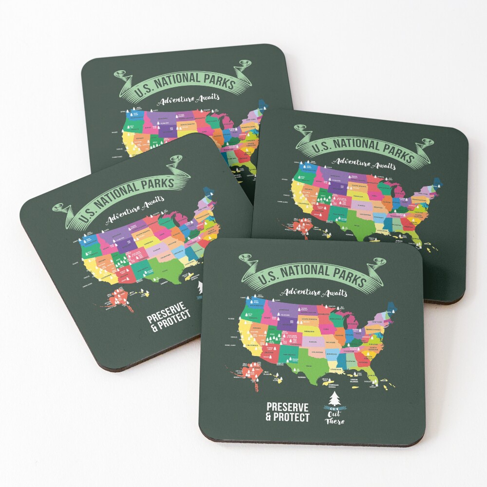 Hiking US National Parks Map Advenuture Await Preserve & Protect Get Out ThereGift Coasters (Set of 4)