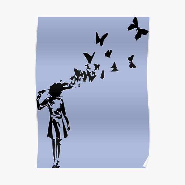 Banksy - Chica disparando su cabeza con diseño de mariposa, Streetart Street Art, Grafitti, Obra de arte, Diseño para hombres, mujeres, niños Póster