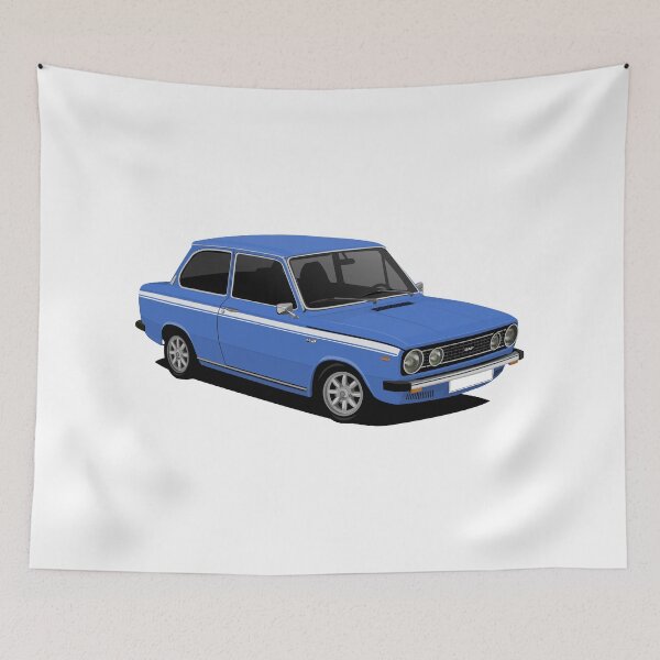 Item preview, DAF 66 Marathon sedan - car illustration - blue with white stripes designed and sold by knappidesign.