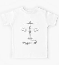 Camiseta para niños Supermarine, Spitfire, Supermarine, Spitfire, Luchador, WWII, 1942, Luchador, WWII, 1942, Negro sobre blanco