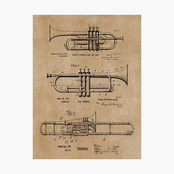 Item preview, Trumpet, Cornet, Trombone Vintage Patent Prints designed and sold by MadebyDesign.