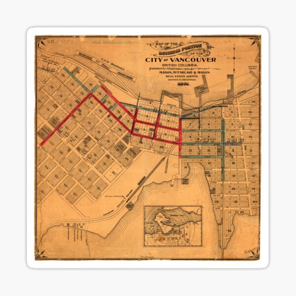 Map Of The Business Portion Of The City Of Vancouver British Columbia Early Street Paving Sticker For Sale By Fovca Redbubble