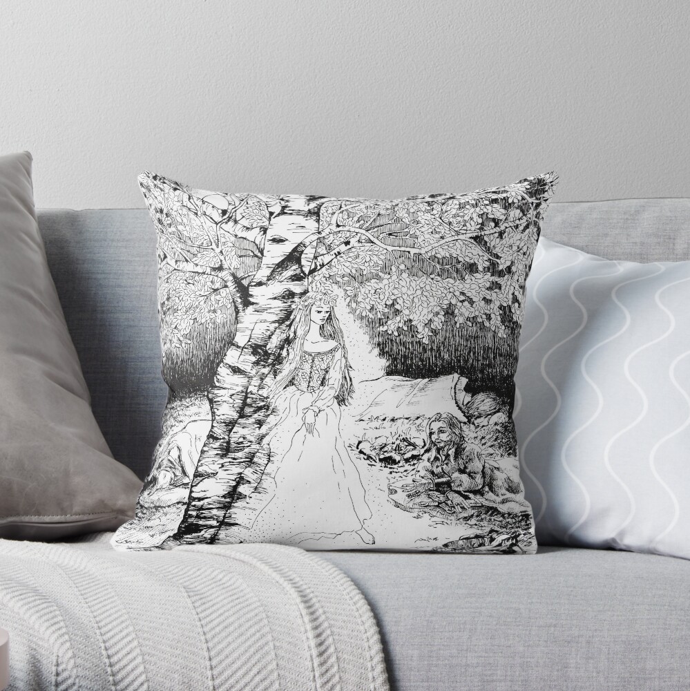 The Birch Maiden- ink illustration Throw Pillow