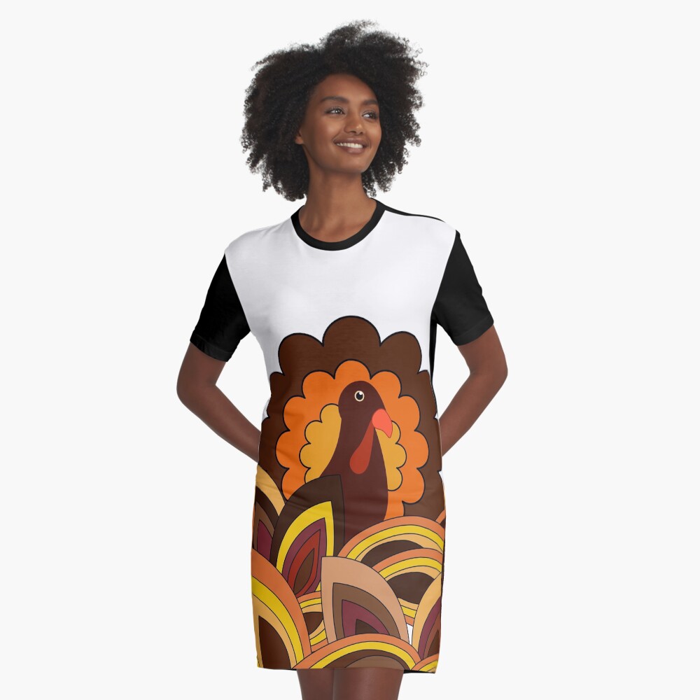 Retro Thanksgiving Turkey on White Graphic T-Shirt Dress