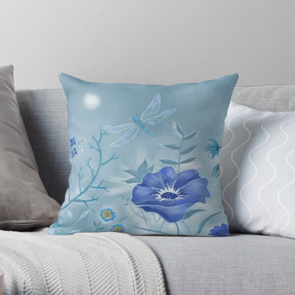 Dusty Blue Floral Painted Dragonfly Throw Pillow