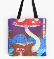 Two Mushrooms, One Stump Tote Bag