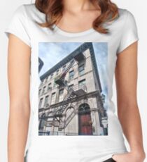 #FireEscape #pompier #PompierLadder #ScalingLadder Montreal #Montreal #City #MontrealCity #Canada #buildings #streets #places #views #building #architecture #windows #sculptures #door #entry Women's Fitted Scoop T-Shirt