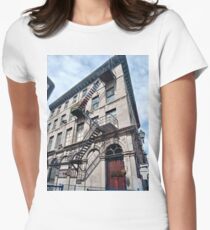 #FireEscape #pompier #PompierLadder #ScalingLadder Montreal #Montreal #City #MontrealCity #Canada #buildings #streets #places #views #building #architecture #windows #sculptures #door #entry Women's Fitted T-Shirt