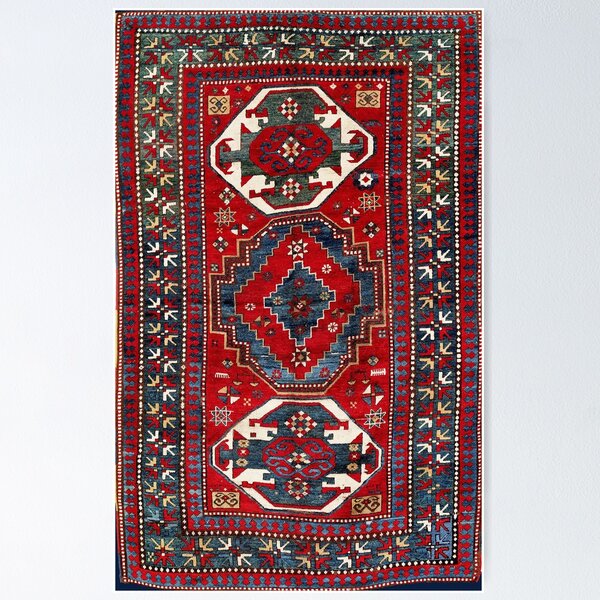 Item preview, Kazak Antique Three Medallion Tribal Rug Print designed and sold by Vicky Brago-Mitchell®.