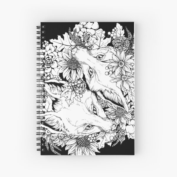 Autumn Fox Bloom - Black and White Spiral Notebook