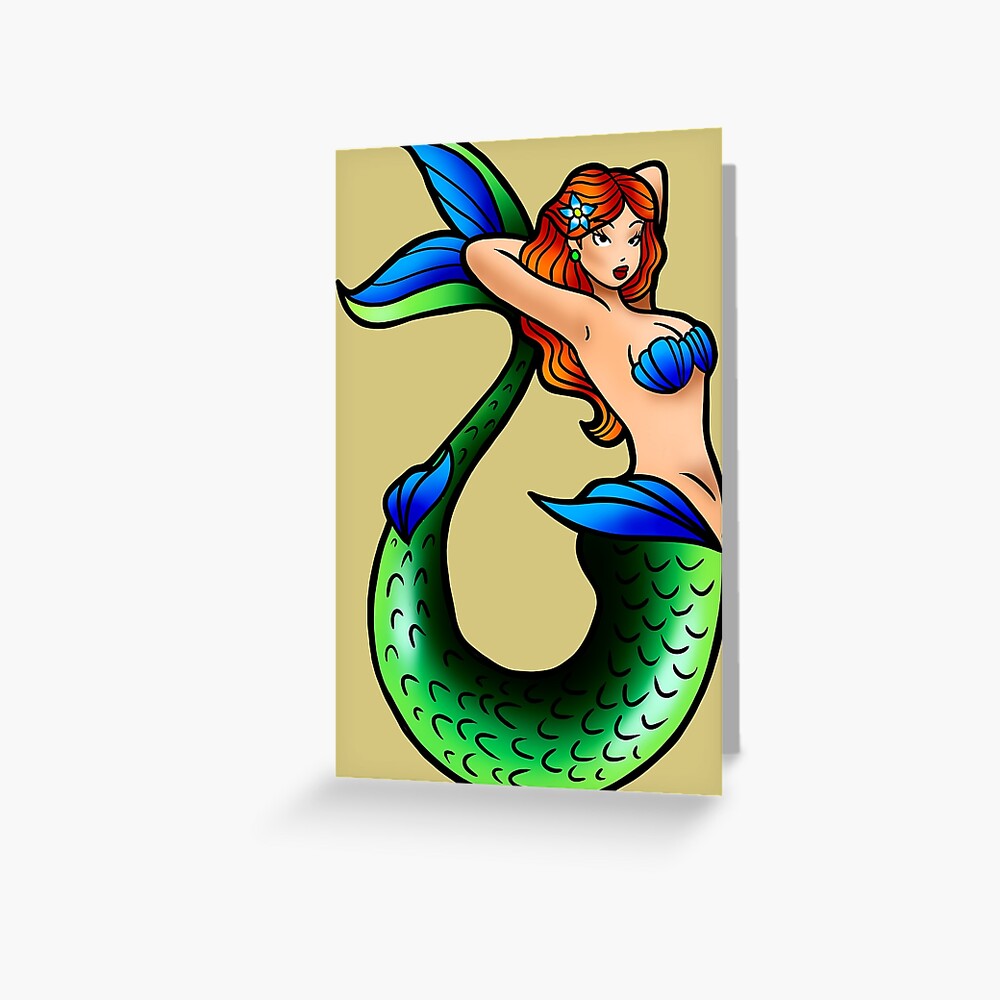Sailor Jerry Inspired Mermaid Tattoo Flash Art | Greeting Card