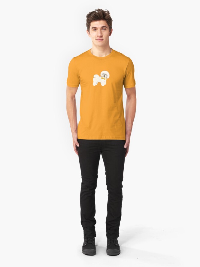 Alternate view of Bichon Frise on Mustard yellow, with bow Slim Fit T-Shirt
