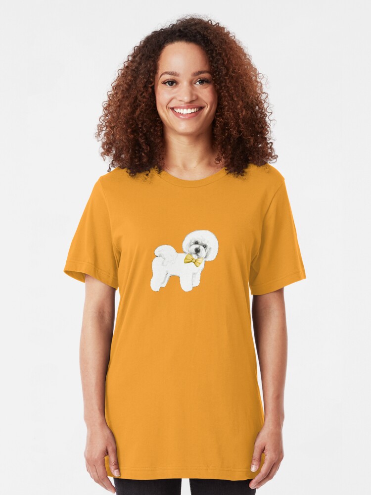 Alternate view of Bichon Frise on Mustard yellow, with bow Slim Fit T-Shirt