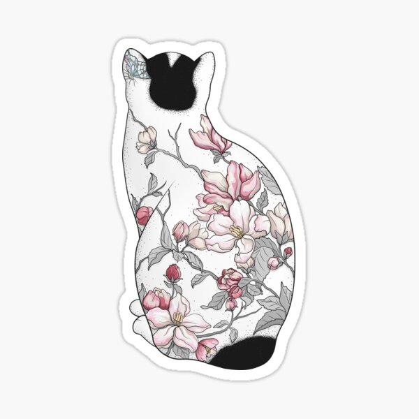 Gato en tatuaje de flor de manzana Pegatina