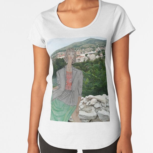 Fashion Illustration Collage: A Girl Wearing a Maxi Skirt Premium Scoop T-Shirt