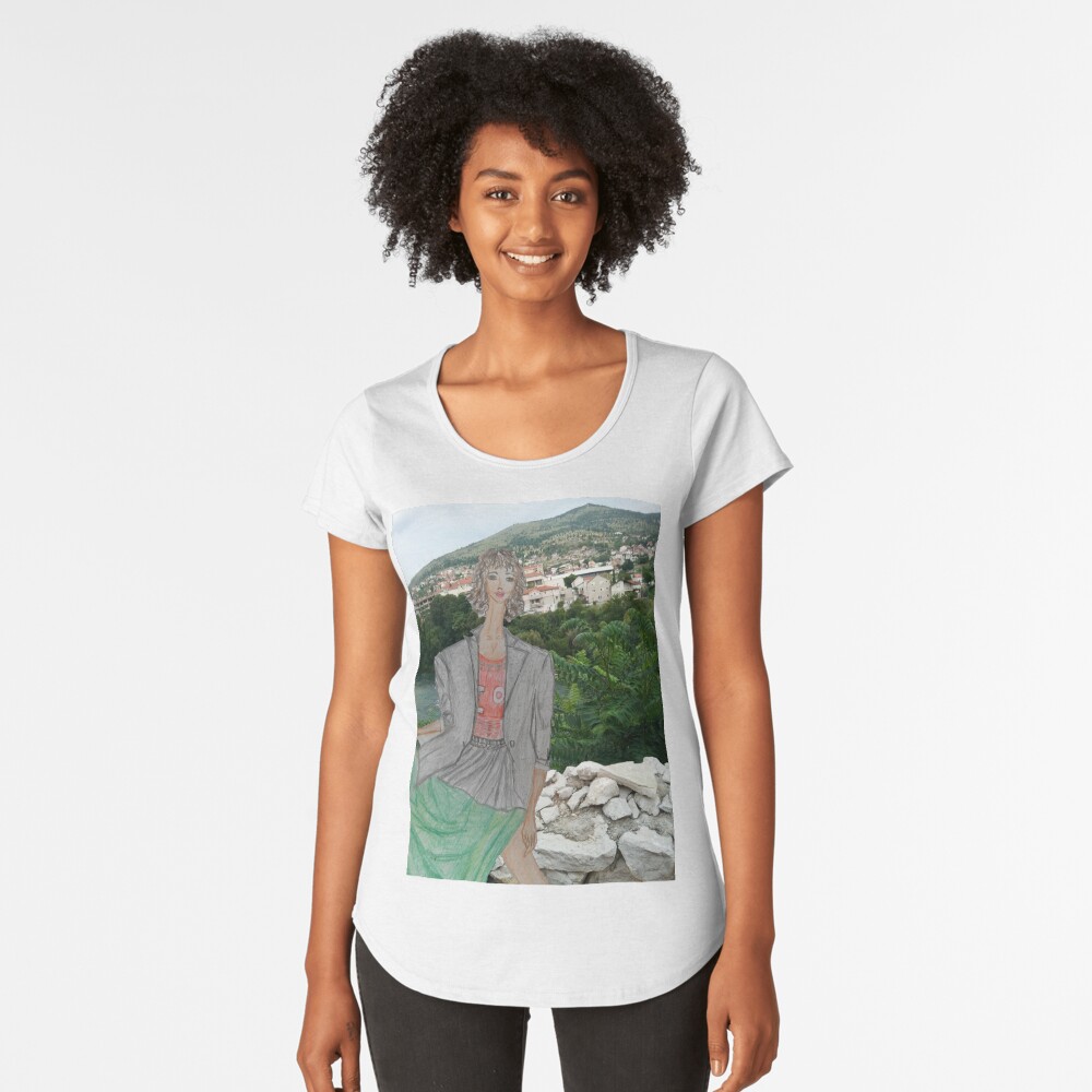 Fashion Illustration Collage: A Girl Wearing a Maxi Skirt Premium Scoop T-Shirt