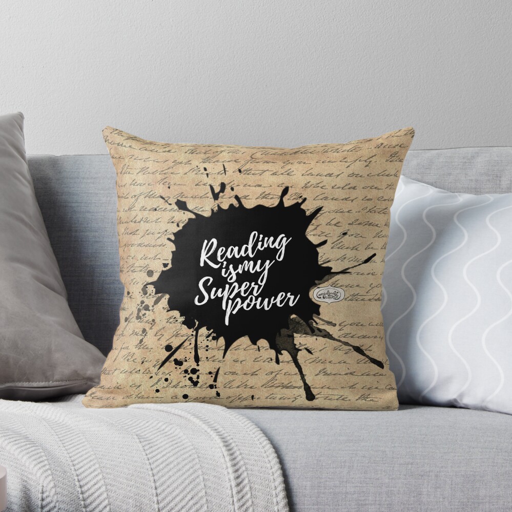 Reading is my Superpower Ink Splatter Typography Quote Art (Vintage Paper) Throw Pillow