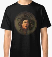 Medusa, venomous snakes in place of hair, Michelangelo, Gorgon, monster, Greek Mythology, Caravaggio, on BLACK Classic T-Shirt