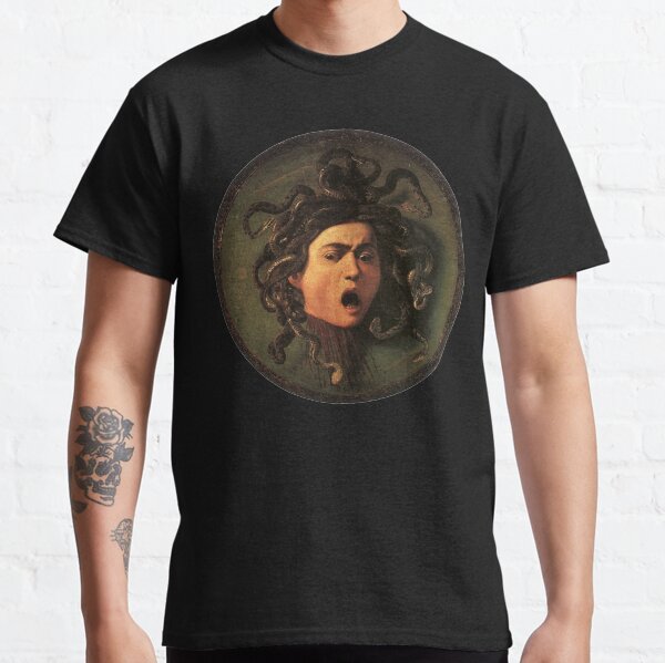 Medusa. Gorgon. Venomous snakes in place of hair. Monster. Greek Mythology. Michelangelo, Caravaggio. on BLACK. Classic T-Shirt