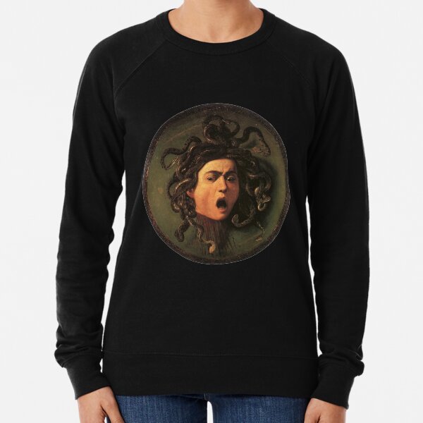 Medusa. Gorgon. Venomous snakes in place of hair. Monster. Greek Mythology. Michelangelo, Caravaggio. on BLACK. Lightweight Sweatshirt