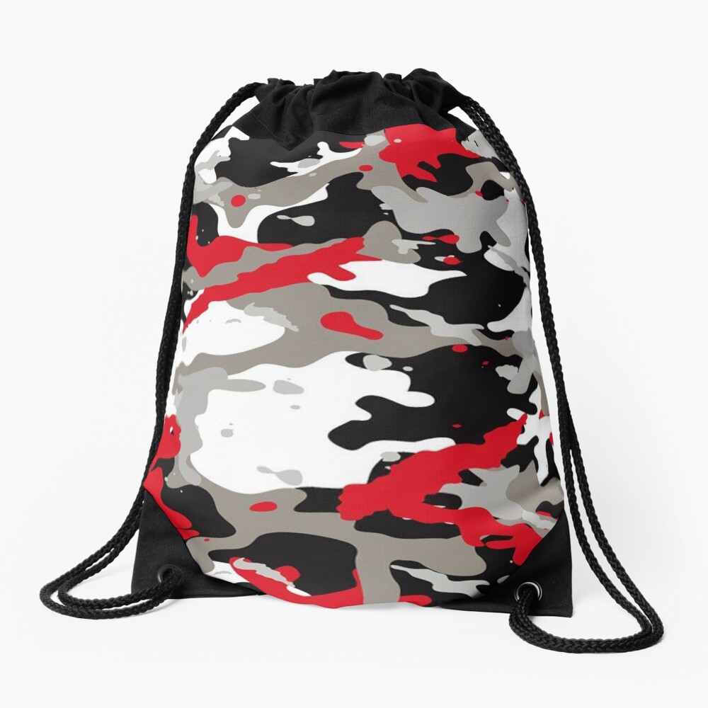 Red and Grey Camouflage Drawstring Bag