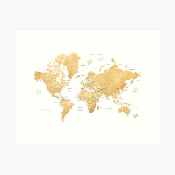Vista previa del artículo con la obra «Mapa mundial de color dorado con ciudades.», diseñado y vendido por blursbyai.
