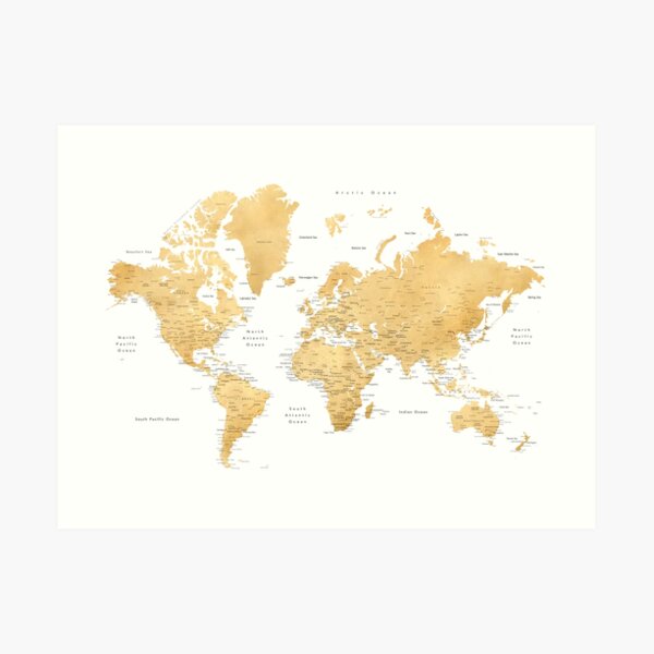 Gold color world map with cities Art Print
