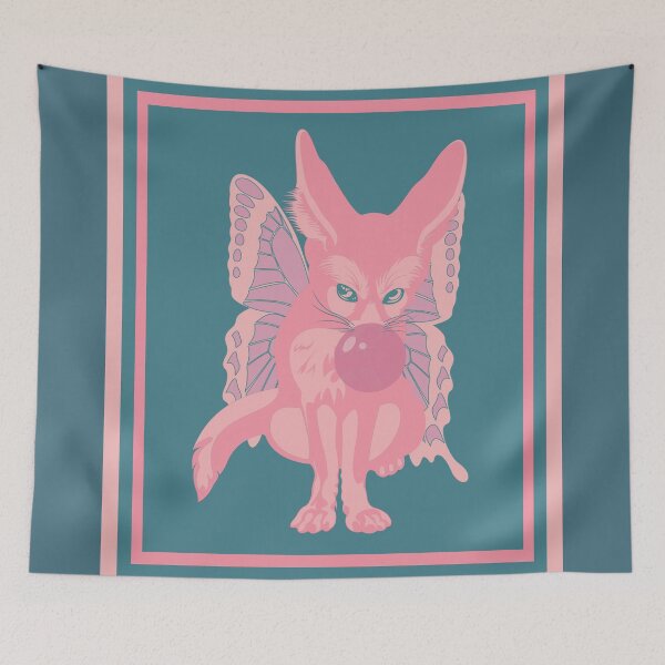 Item preview, fennec fox with butterfly wings chewing bubble gum in pink designed and sold by electricpeacock.