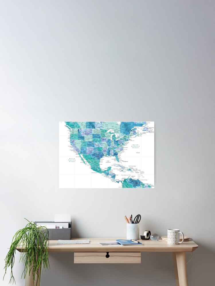 Map of the USA Mexico and the Caribbean Sea in watercolor | Poster