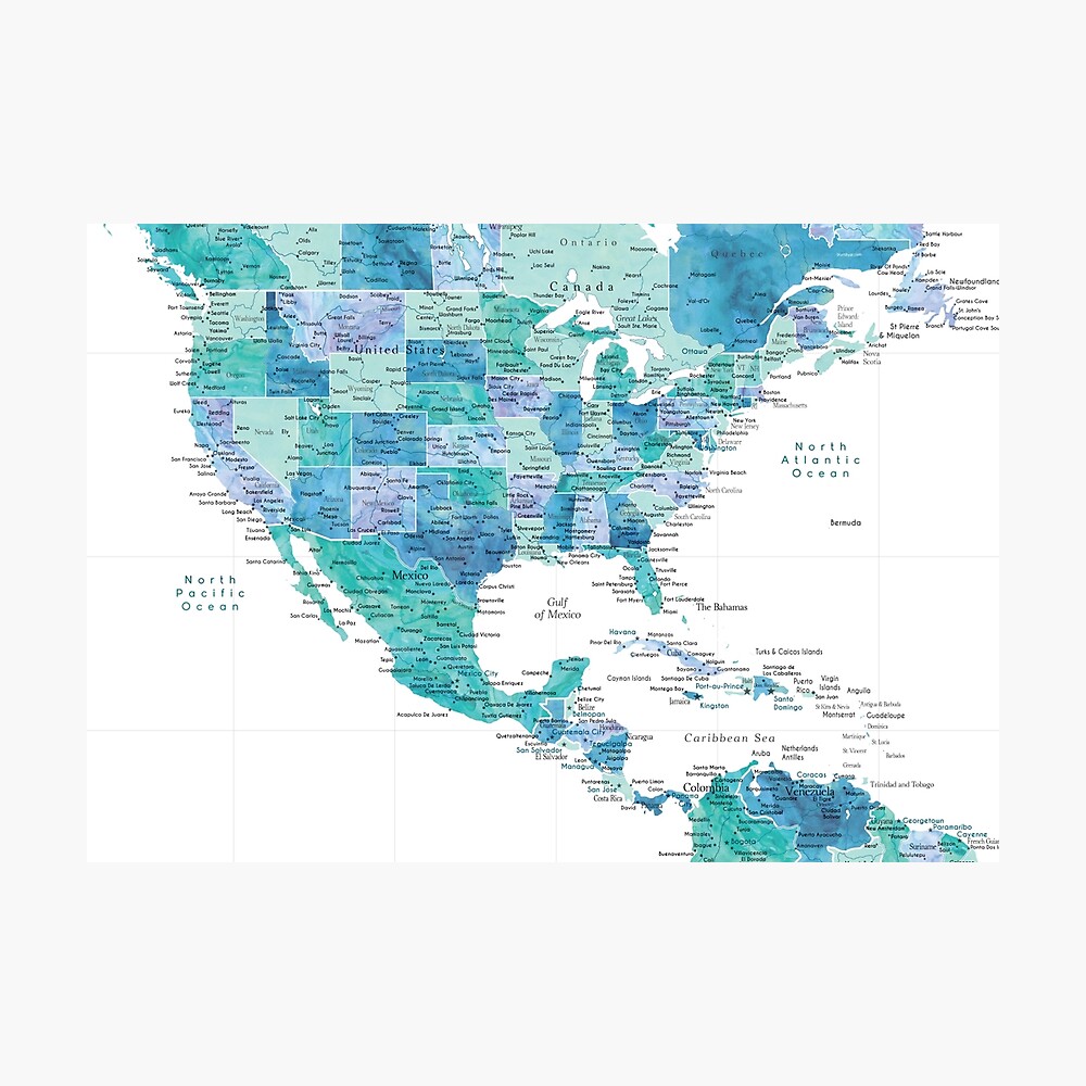 Map of the USA Mexico and the Caribbean Sea in watercolor | Poster
