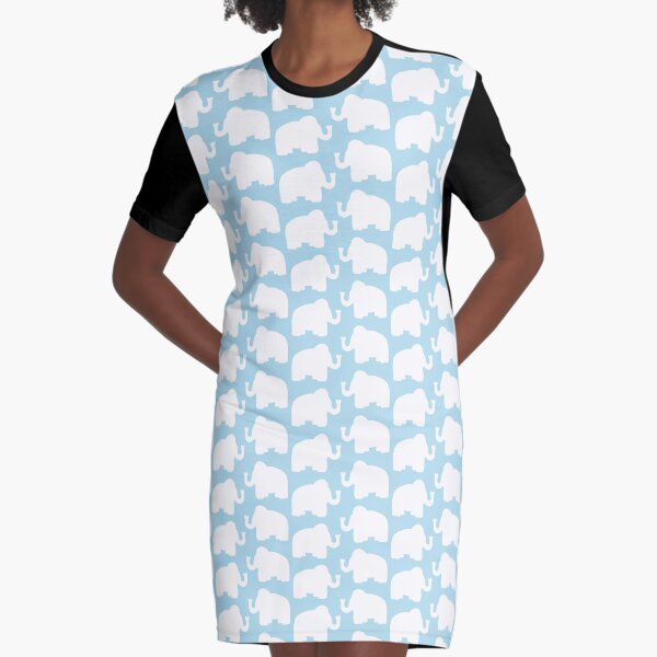 Sky Blue and White Elephant Graphic T-Shirt Dress
