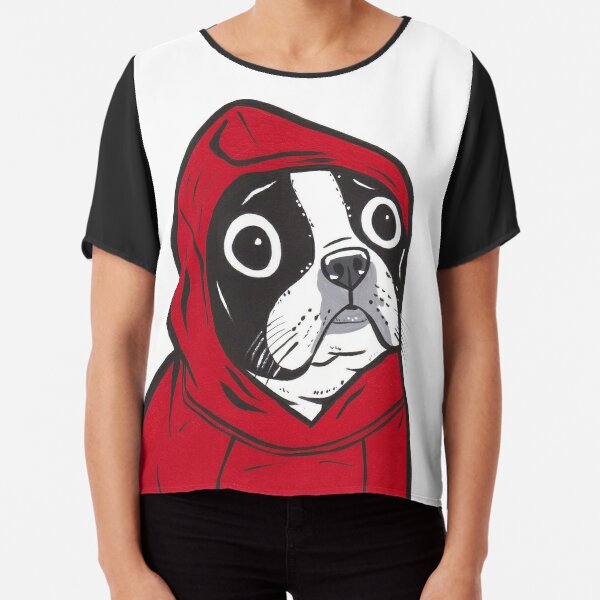 Boston Terrier in a Red Hoodie Chiffon Top