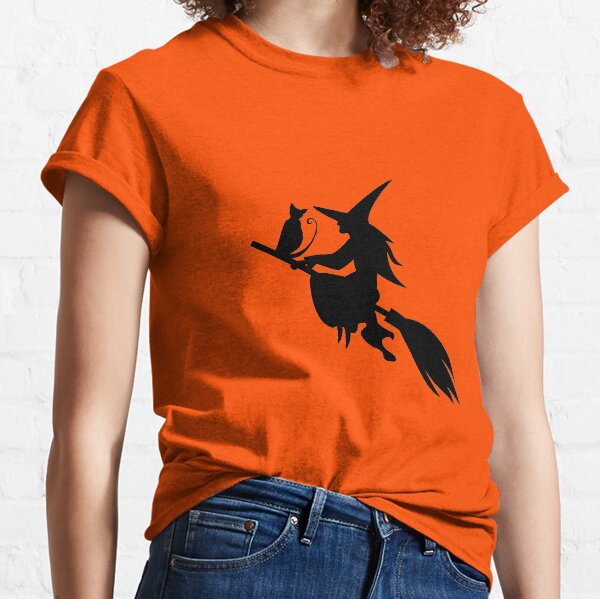 Silhouette of the witch cat flying on the broom Classic T-Shirt