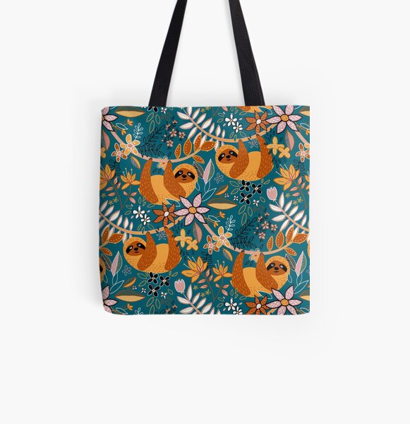 Happy Boho Sloth Floral All Over Print Tote Bag