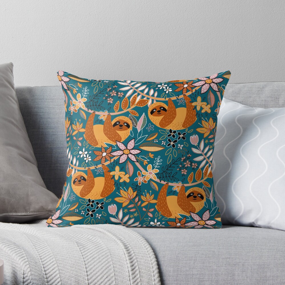 Happy Boho Sloth Floral Throw Pillow