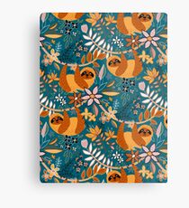 Happy Boho Sloth Floral Metal Print