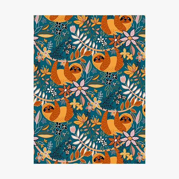 Happy Boho Sloth Floral Photographic Print