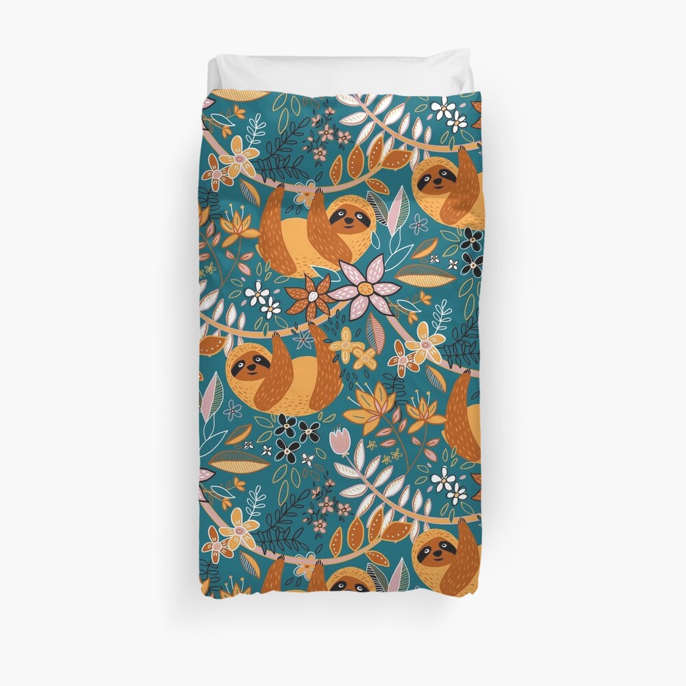 Happy Boho Sloth Floral Duvet Cover
