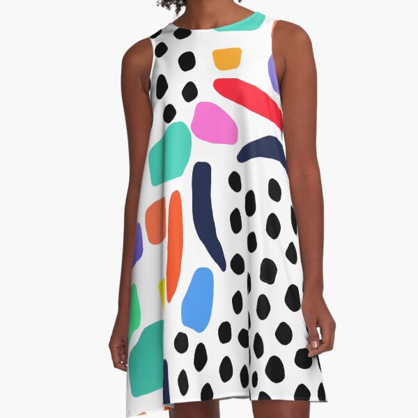 Memphis Style Shapes and Dots, Terrazzo Shapes A-Line Dress