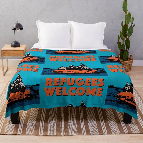 Item preview, REFUGEES WELCOME - COLOURFUL ILLUSTRATION SHOWING REFUGEES ON A SMALL BOAT designed and sold by Clifford Hayes.
