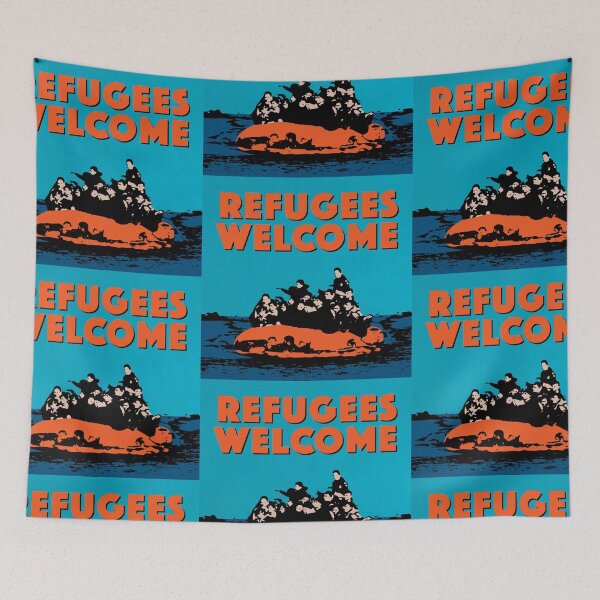 Item preview, REFUGEES WELCOME - COLOURFUL ILLUSTRATION SHOWING REFUGEES ON A SMALL BOAT designed and sold by Clifford Hayes.