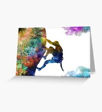 Extremsportmann des Kletterns, steigender Mann, Bergsteiger, Aquarellklettern Grußkarte