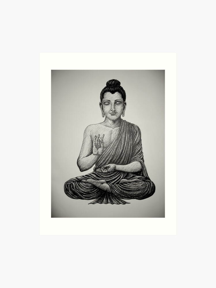 Buddha Pen Drawing Blackwhite Art Print