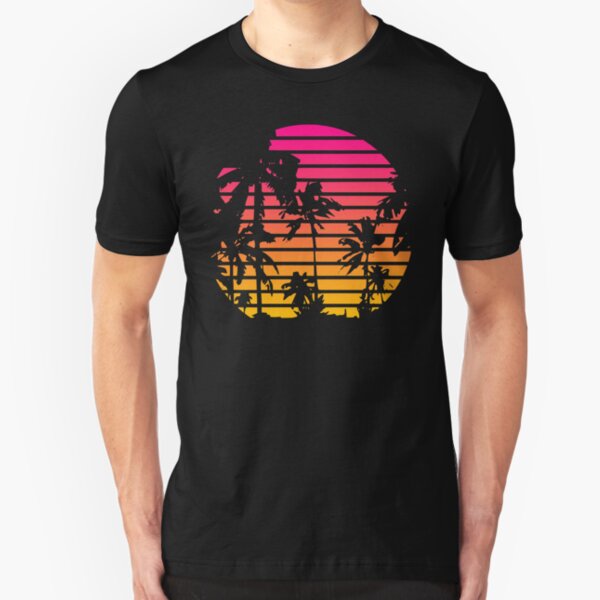 Cool 80s Style Tropical Sunset Slim Fit T-Shirt