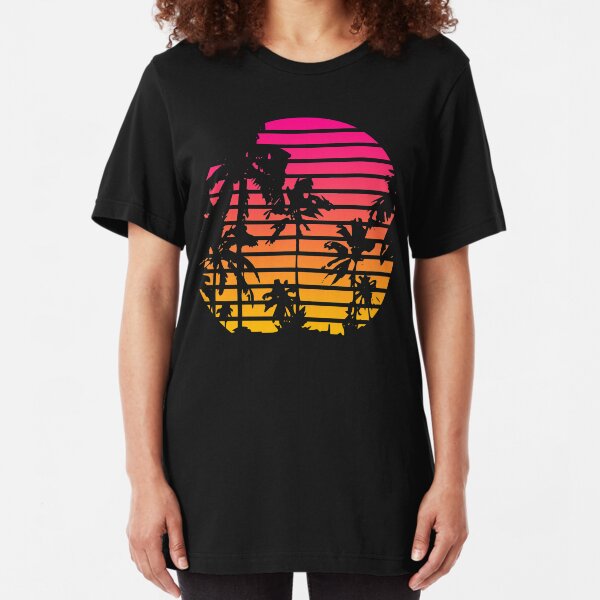 Cool 80s Style Tropical Sunset Slim Fit T-Shirt