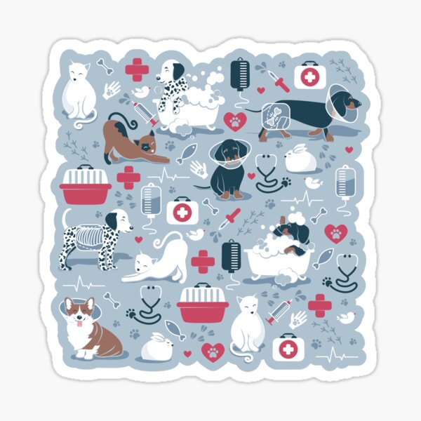 Item preview, Veterinary medicine, happy and healthy friends // pastel blue background red details navy blue white and brown cats dogs and other animals designed and sold by SelmaCardoso.