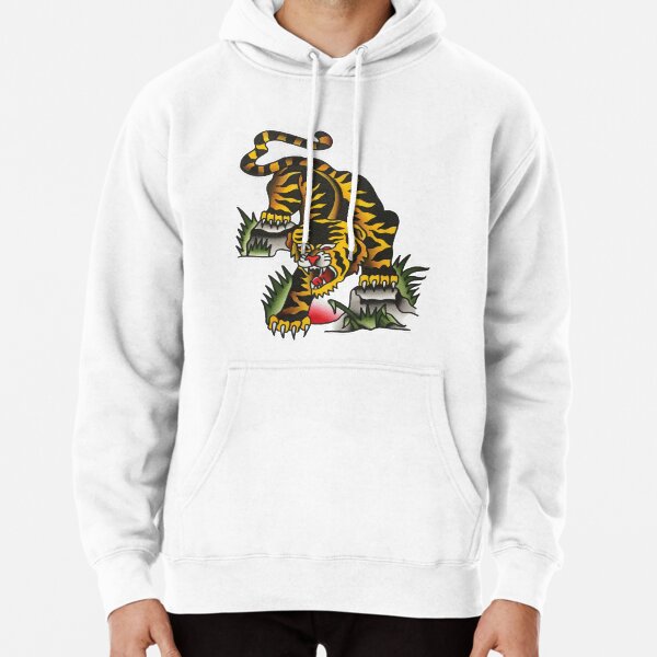 Traditional Crawling Tiger Tattoo Design Pullover Hoodie