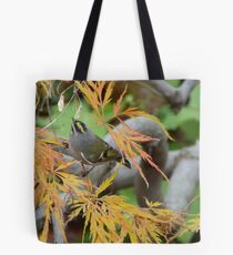 Tiny yellow and brown wren in Japanese Maple Tote Bag
